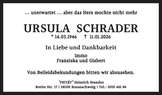 Traueranzeige von Ursula Schrader 