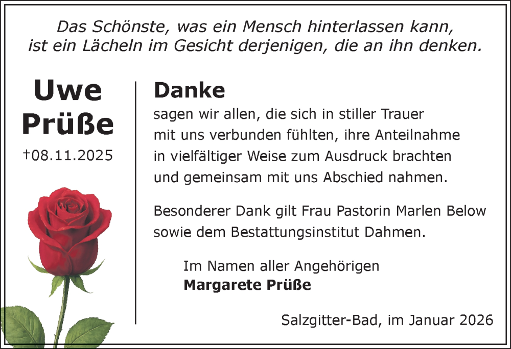  Traueranzeige für Uwe Prüße vom 10.01.2026 aus Peiner Nachrichten