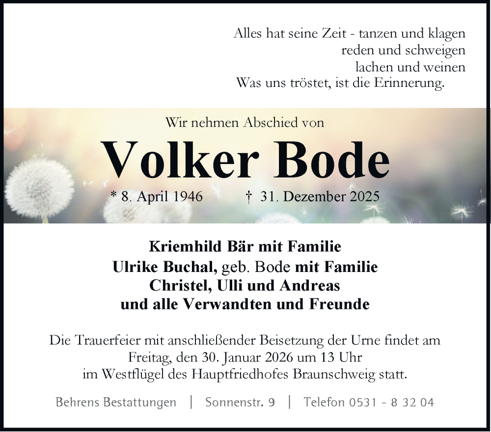  Traueranzeige für Volker Bode vom 17.01.2026 aus Braunschweiger Zeitung