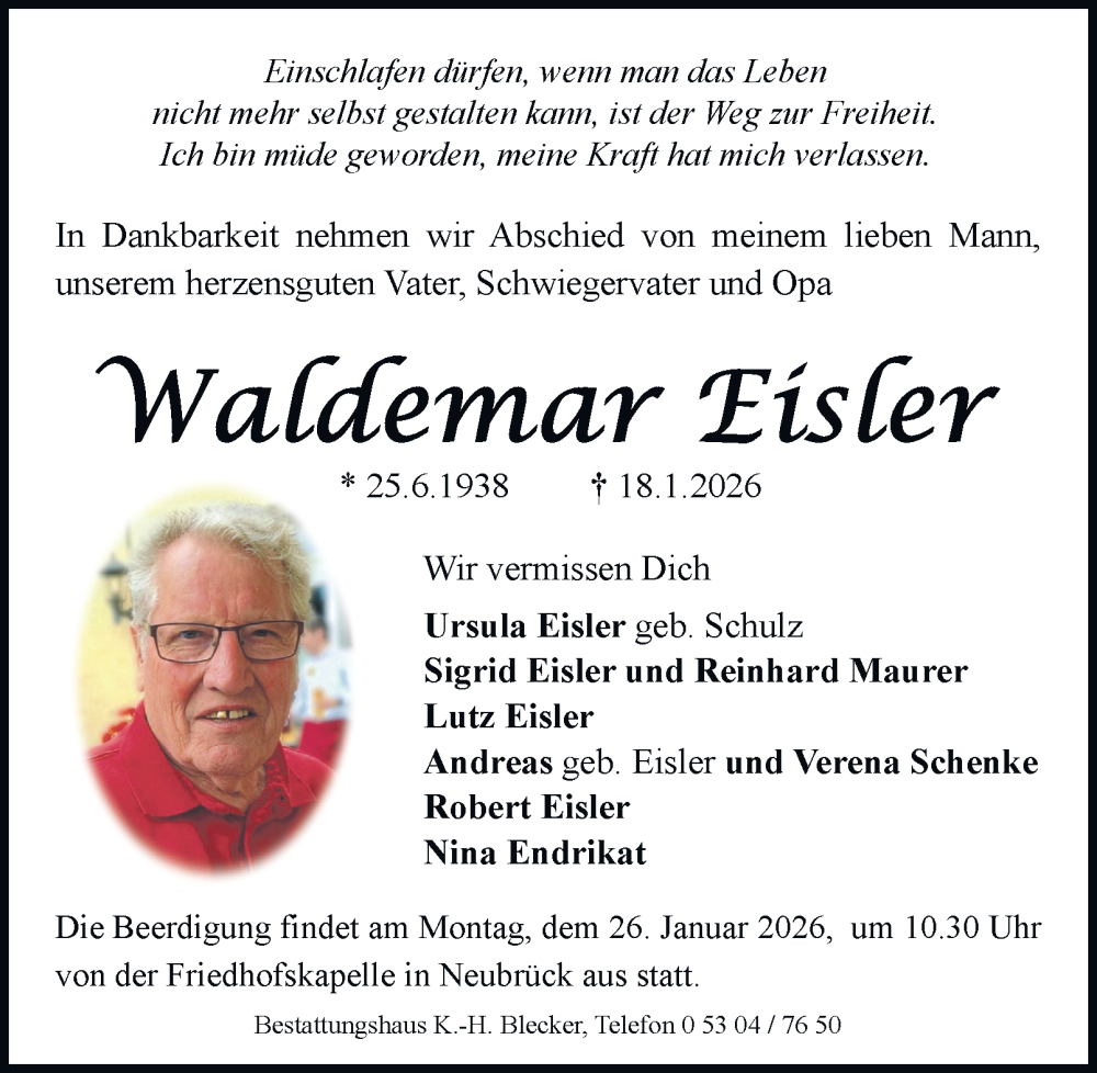  Traueranzeige für Waldemar Eisler vom 22.01.2026 aus Peiner Nachrichten
