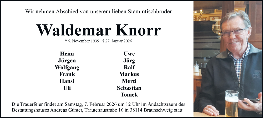  Traueranzeige für Waldemar Knorr vom 31.01.2026 aus Braunschweiger Zeitung, Braunschweiger Zeitung