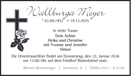 Traueranzeige von Wallburga Meyer von Braunschweiger Zeitung