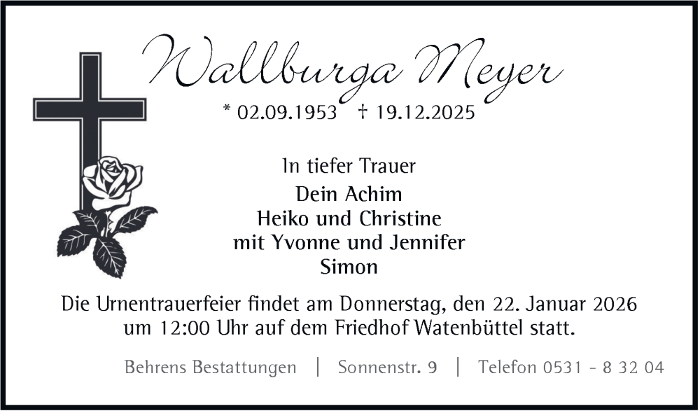  Traueranzeige für Wallburga Meyer vom 03.01.2026 aus Braunschweiger Zeitung