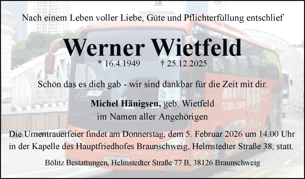  Traueranzeige für Werner Wietfeld vom 31.01.2026 aus Braunschweiger Zeitung, Braunschweiger Zeitung