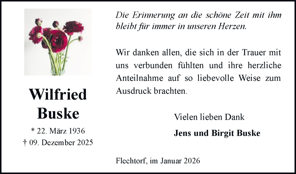  Traueranzeige für Wilfried Buske vom 03.01.2026 aus Helmstedter Nachrichten
