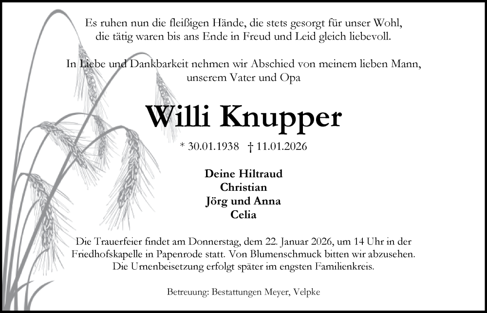  Traueranzeige für Willi Knupper vom 17.01.2026 aus Braunschweiger Zeitung, Wolfsburger Nachrichten