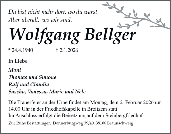Traueranzeige von Wolfgang Bellger 