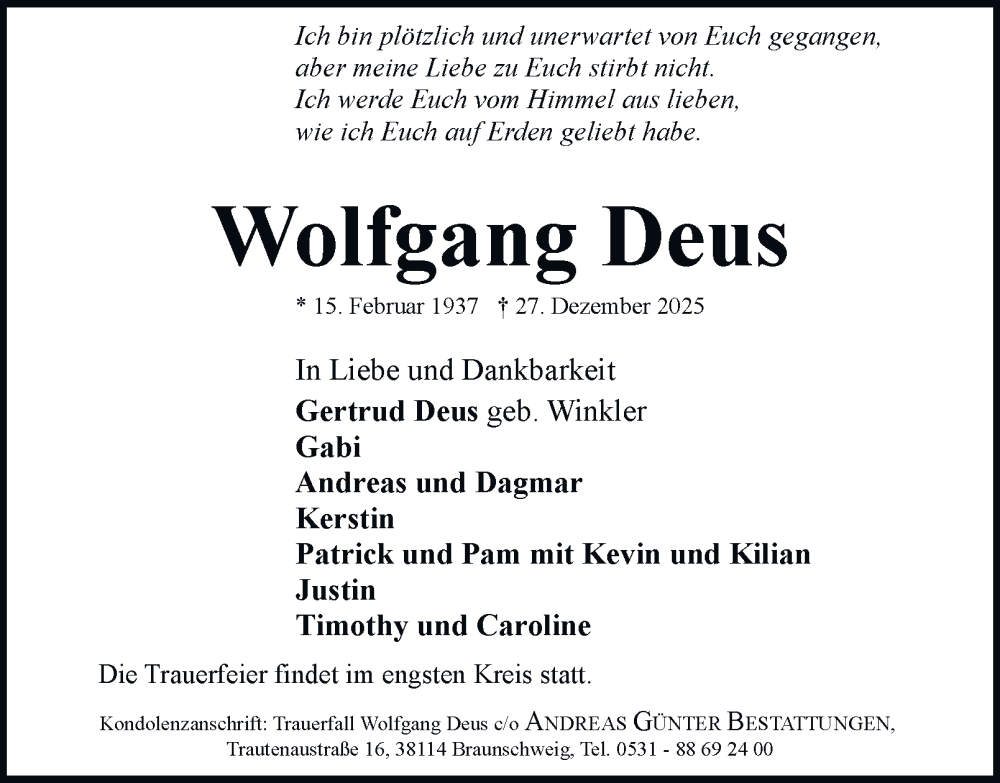  Traueranzeige für Wolfgang Deus vom 03.01.2026 aus Braunschweiger Zeitung