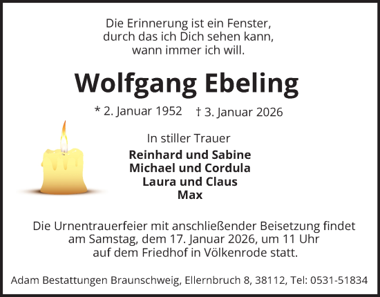 Traueranzeige von Wolfgang Ebeling von Peiner Nachrichten
