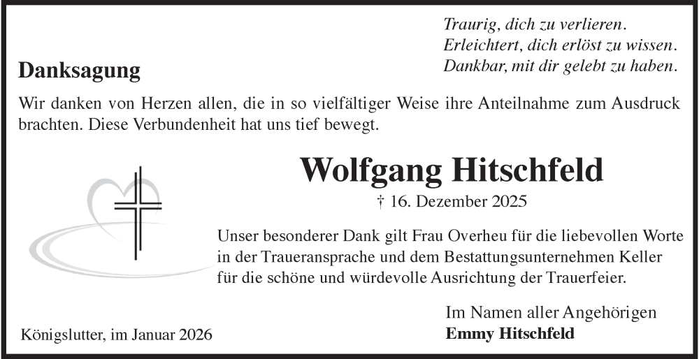  Traueranzeige für Wolfgang Hitschfeld vom 31.01.2026 aus Helmstedter Nachrichten