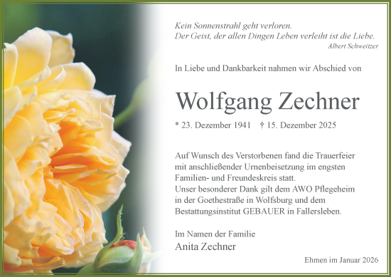 Traueranzeige von Wolfgang Zechner 