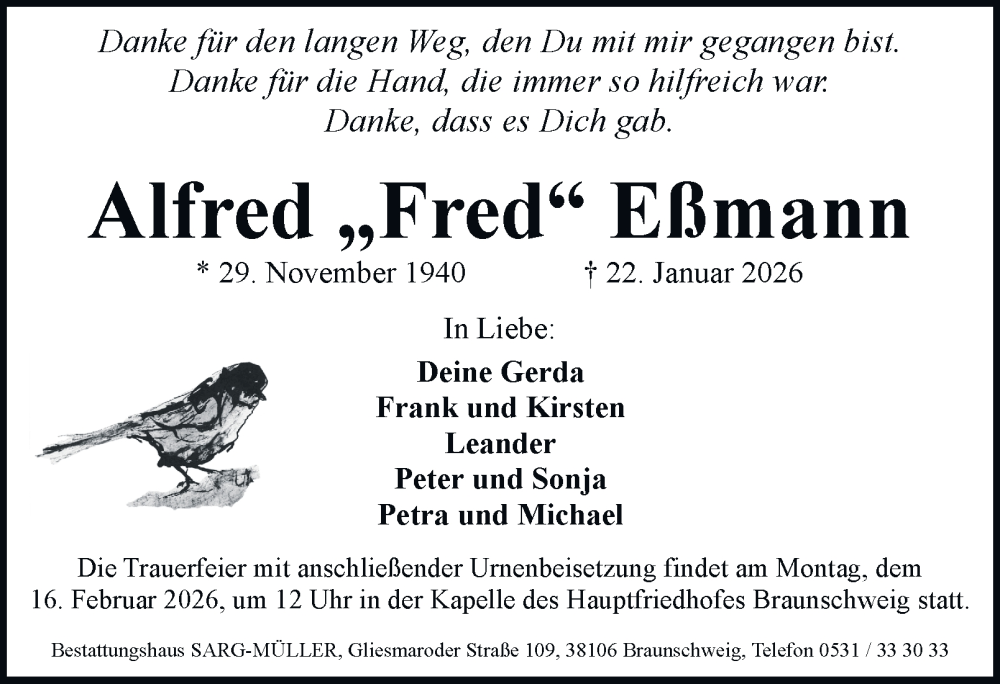  Traueranzeige für Alfred Eßmann vom 07.02.2026 aus Braunschweiger Zeitung, Braunschweiger Zeitung