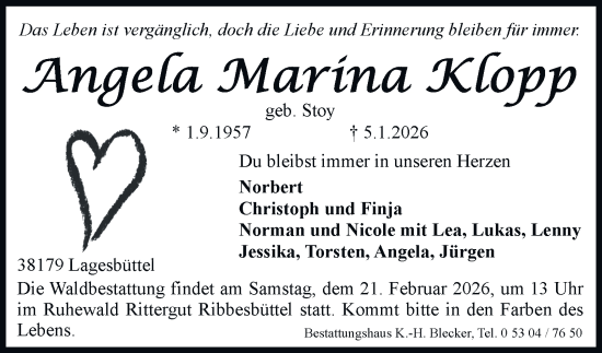 Traueranzeige von Angela Marina Klopp von Braunschweiger Zeitung, Braunschweiger Zeitung
