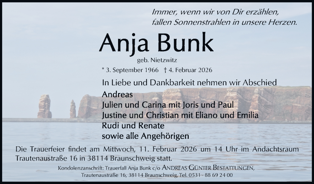  Traueranzeige für Anja Bunk vom 07.02.2026 aus Braunschweiger Zeitung, Braunschweiger Zeitung