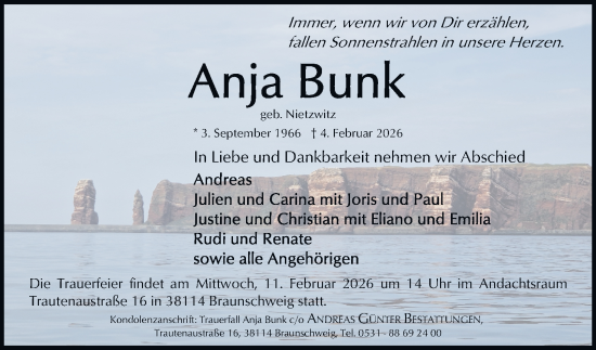 Traueranzeige von Anja Bunk von Braunschweiger Zeitung, Braunschweiger Zeitung