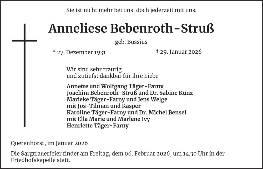  Traueranzeige für Anneliese Bebenroth-Struß vom 03.02.2026 aus Helmstedter Nachrichten