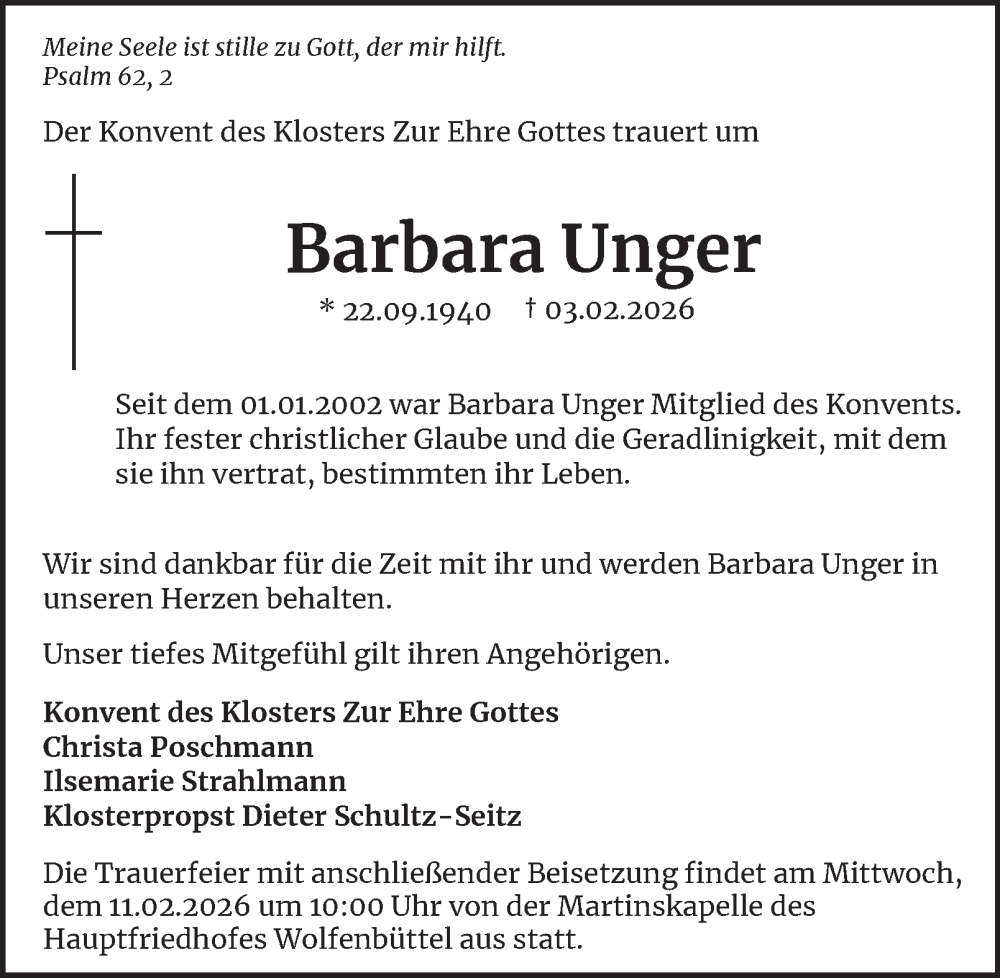  Traueranzeige für Barbara Unger vom 10.02.2026 aus Wolfenbütteler Zeitung