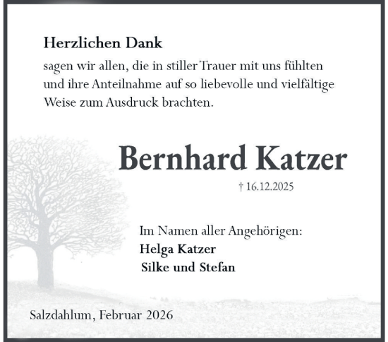 Traueranzeige von Bernhard Katzer von Wolfenbütteler Zeitung