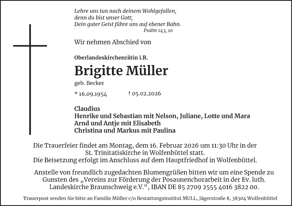  Traueranzeige für Brigitte Müller vom 10.02.2026 aus Braunschweiger Zeitung, Braunschweiger Zeitung