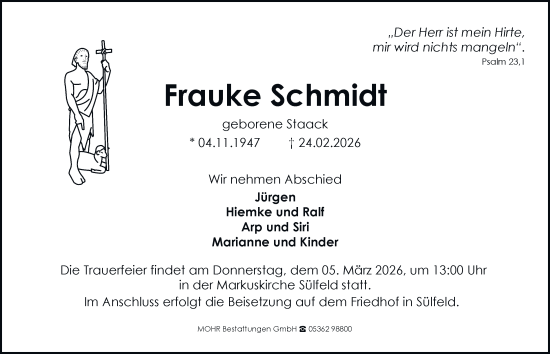 Traueranzeige von Frauke Schmidt von Braunschweiger Zeitung, Wolfsburger Nachrichten