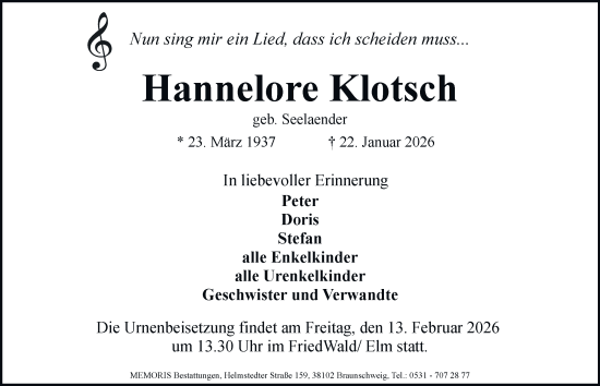 Traueranzeige von Hannelore Klotsch von Braunschweiger Zeitung, Braunschweiger Zeitung