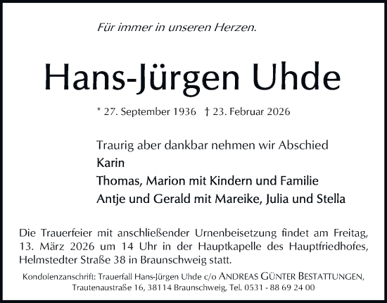 Traueranzeige von Hans-Jürgen Uhde von Braunschweiger Zeitung, Braunschweiger Zeitung