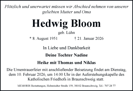 Traueranzeige von Hedwig Bloom von Braunschweiger Zeitung, Braunschweiger Zeitung