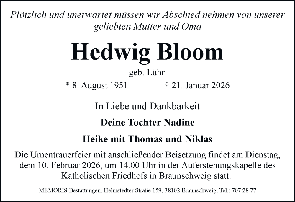  Traueranzeige für Hedwig Bloom vom 07.02.2026 aus Braunschweiger Zeitung, Braunschweiger Zeitung
