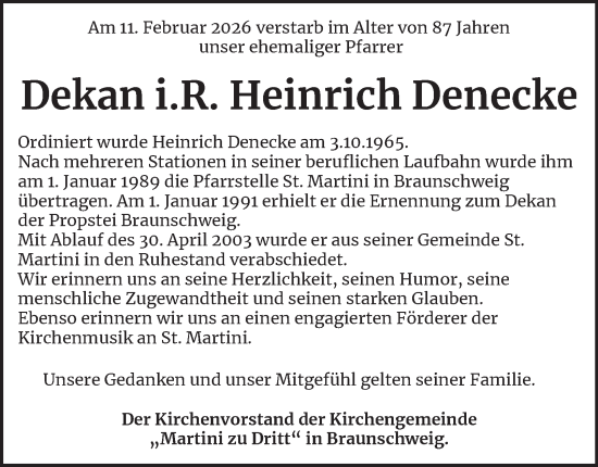 Traueranzeige von Heinrich Denecke von Braunschweiger Zeitung, Braunschweiger Zeitung