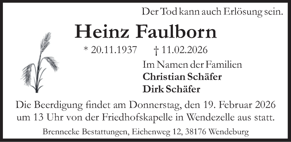  Traueranzeige für Heinz Faulborn vom 17.02.2026 aus Peiner Nachrichten