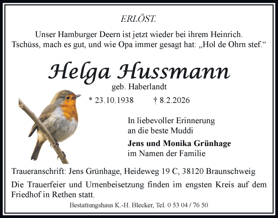 Traueranzeige von Helga Hussmann von Braunschweiger Zeitung, Braunschweiger Zeitung