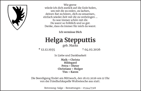 Traueranzeige von Helga Stepputtis von Peiner Nachrichten