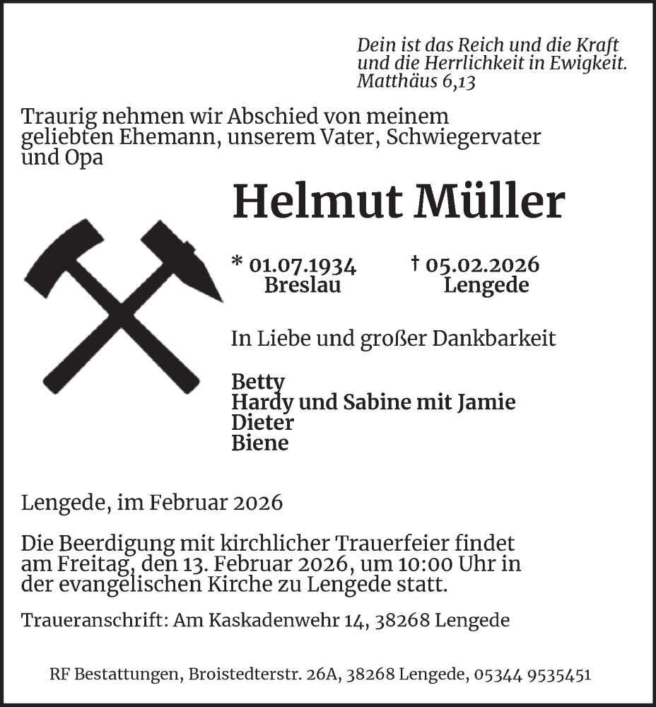  Traueranzeige für Helmut Müller vom 10.02.2026 aus Peiner Nachrichten