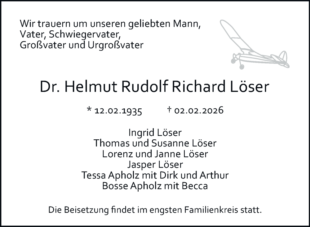  Traueranzeige für Helmut Rudolf Richard Löser vom 07.02.2026 aus Braunschweiger Zeitung, Braunschweiger Zeitung