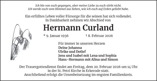 Traueranzeige von Hermann Curland von Wolfenbütteler Zeitung