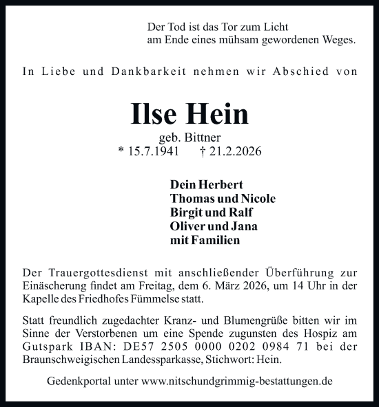 Traueranzeige von Ilse Hein von Wolfenbütteler Zeitung