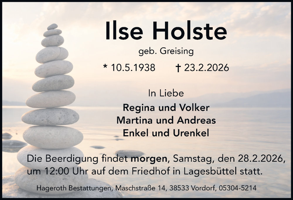  Traueranzeige für Ilse Holste vom 27.02.2026 aus Braunschweiger Zeitung, Braunschweiger Zeitung