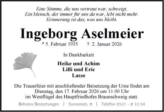 Traueranzeige von Ingeborg Aselmeier von Braunschweiger Zeitung, Braunschweiger Zeitung