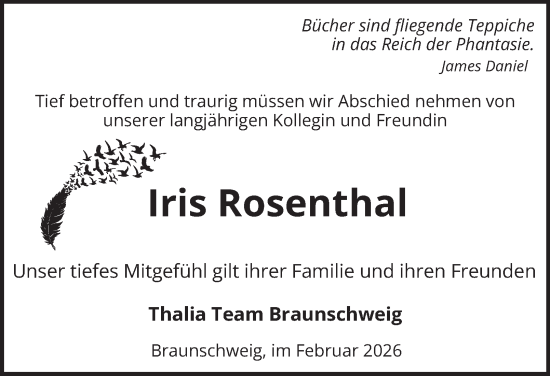Traueranzeige von Iris Rosenthal von Braunschweiger Zeitung, Braunschweiger Zeitung