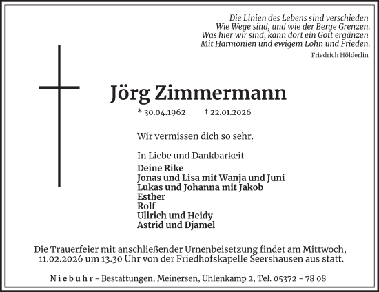 Traueranzeige von Jörg Zimmermann von Braunschweiger Zeitung, Wolfsburger Nachrichten