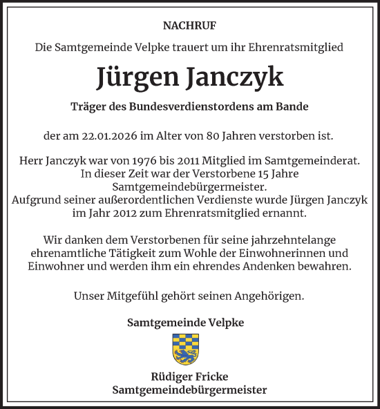 Traueranzeige von Jürgen Janczyk von Helmstedter Nachrichten