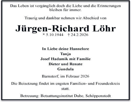 Traueranzeige von Jürgen-Richard Löhr von Wolfenbütteler Zeitung