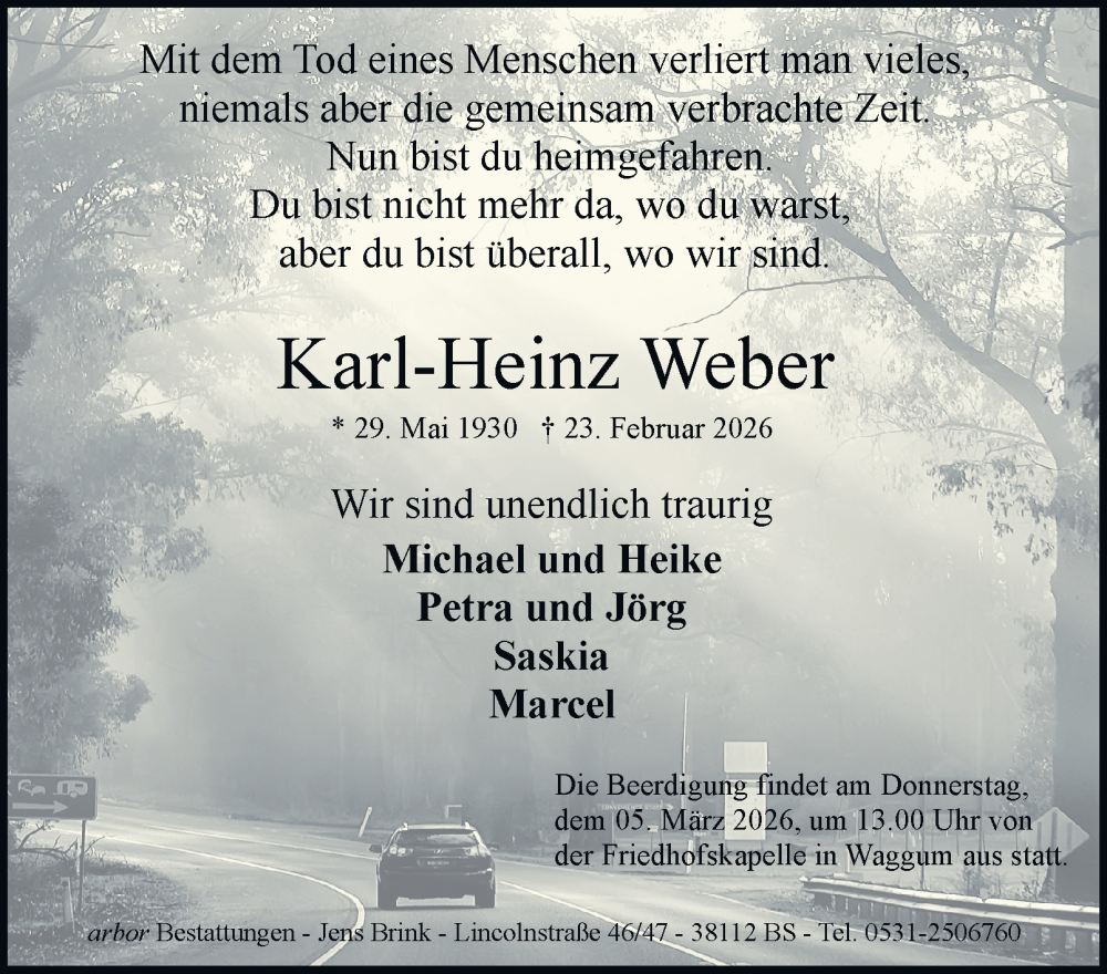  Traueranzeige für Karl-Heinz Weber vom 28.02.2026 aus Braunschweiger Zeitung, Braunschweiger Zeitung