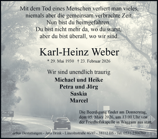 Traueranzeige von Karl-Heinz Weber von Braunschweiger Zeitung, Braunschweiger Zeitung