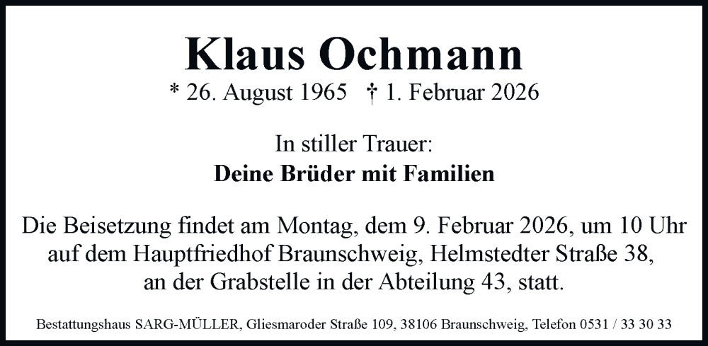  Traueranzeige für Klaus Ochmann vom 07.02.2026 aus Braunschweiger Zeitung, Braunschweiger Zeitung