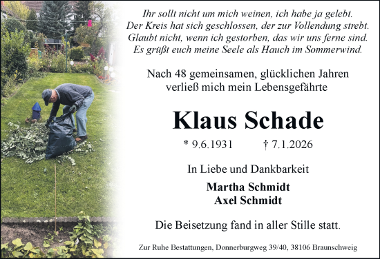 Traueranzeige von Klaus Schade von Braunschweiger Zeitung, Braunschweiger Zeitung