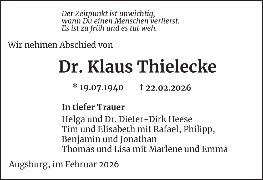  Traueranzeige für Klaus Thielecke vom 28.02.2026 aus Braunschweiger Zeitung, Braunschweiger Zeitung