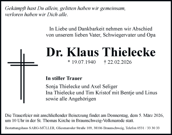 Traueranzeige von Klaus Thielecke von Braunschweiger Zeitung, Braunschweiger Zeitung