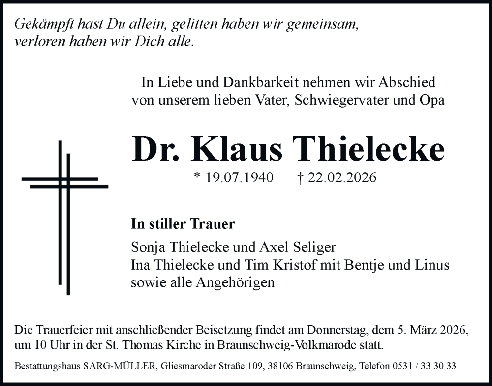  Traueranzeige für Klaus Thielecke vom 28.02.2026 aus Braunschweiger Zeitung, Braunschweiger Zeitung