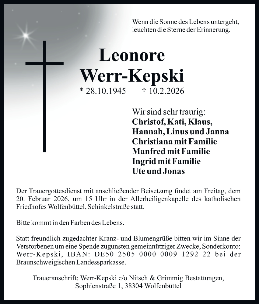  Traueranzeige für Leonore Werr-Kepski vom 14.02.2026 aus Wolfenbütteler Zeitung